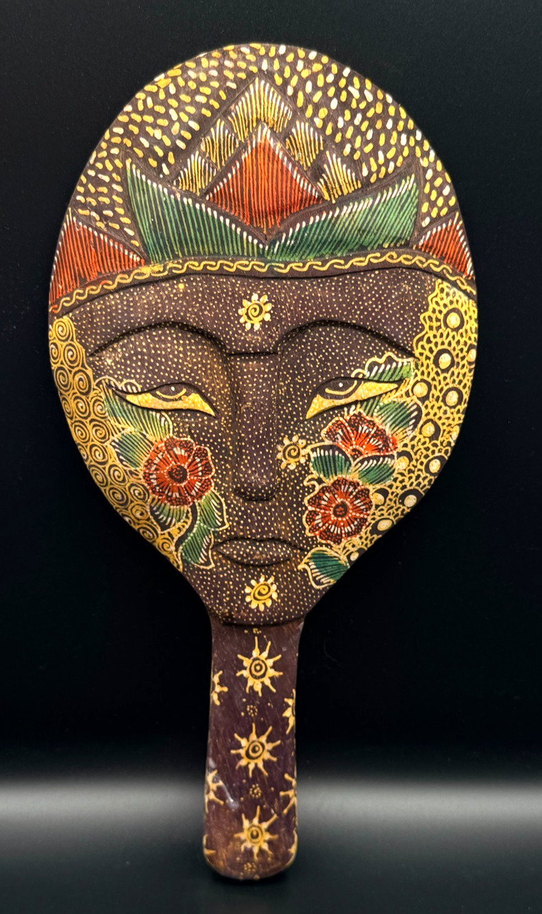 Vintage Balinese Bali Java Hand Carved Batik Wood Large Hand Mirror Dots Face